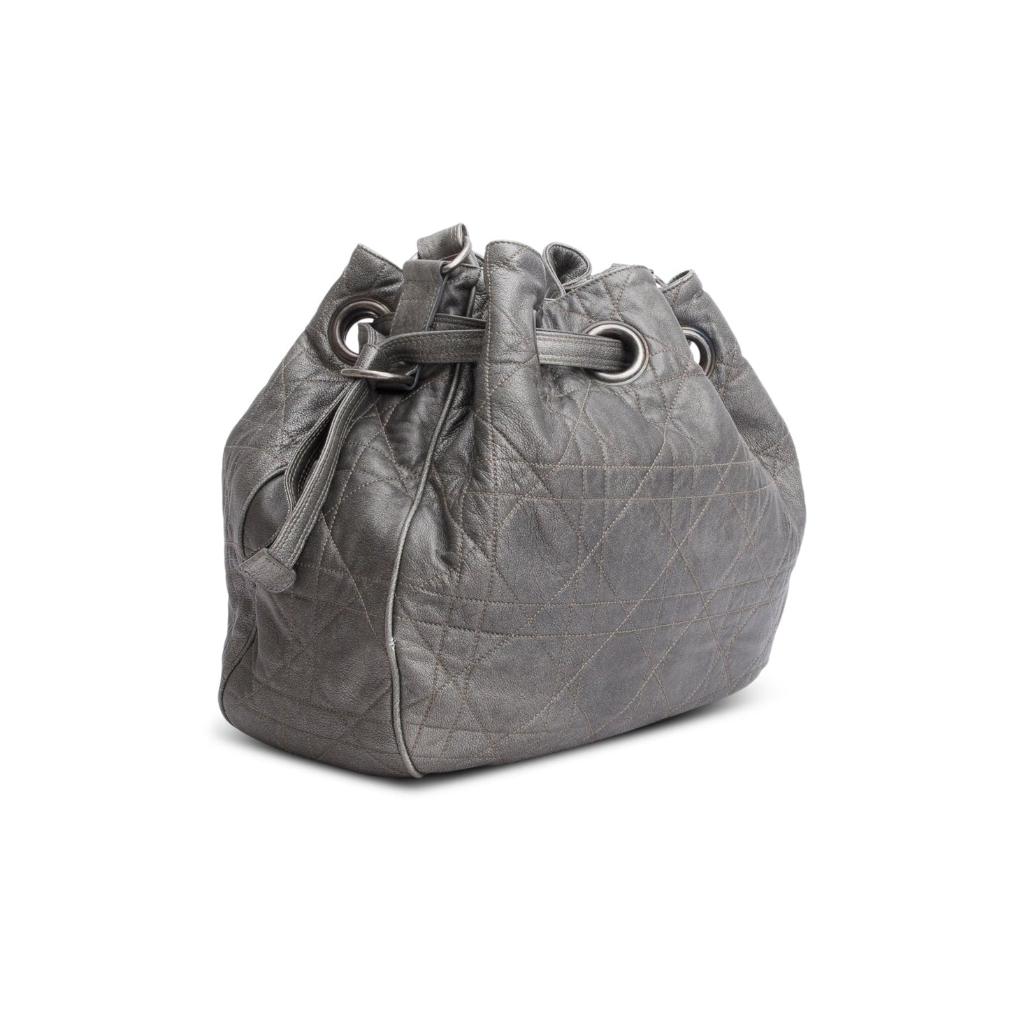 Christian Dior Silver Cannage Quilted Leather Drawstring Tote Bag