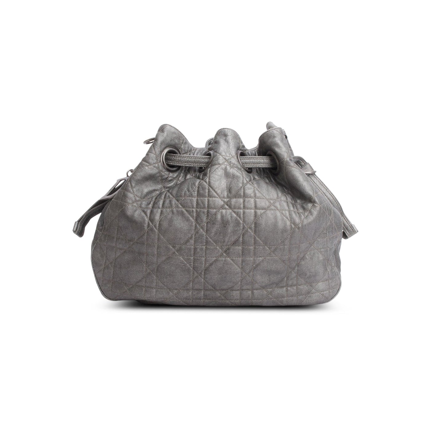 Christian Dior Silver Cannage Quilted Leather Drawstring Tote Bag