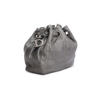 Christian Dior Silver Cannage Quilted Leather Drawstring Tote Bag