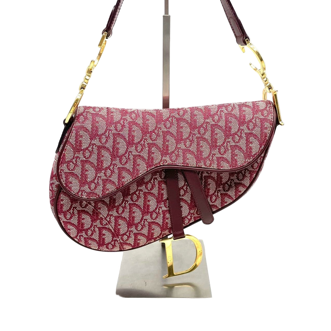 Dior Saddle Vintage Medium Red Burgundy Monogram Oblique Shoulder Bag 2002