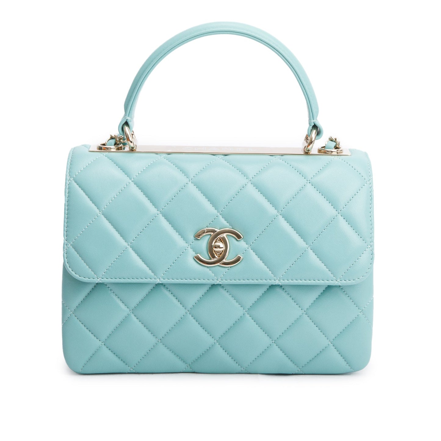 Chanel 2021 Teal Lambskin Quilted Small Trendy Top Handle Bag