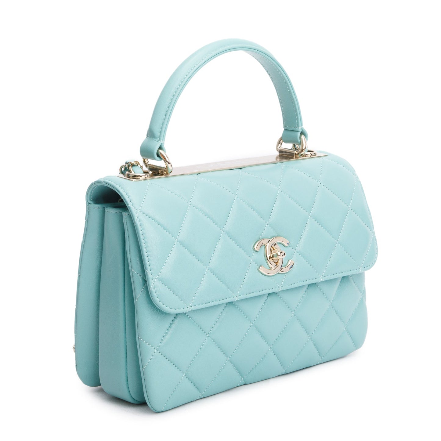 Chanel 2021 Teal Lambskin Quilted Small Trendy Top Handle Bag