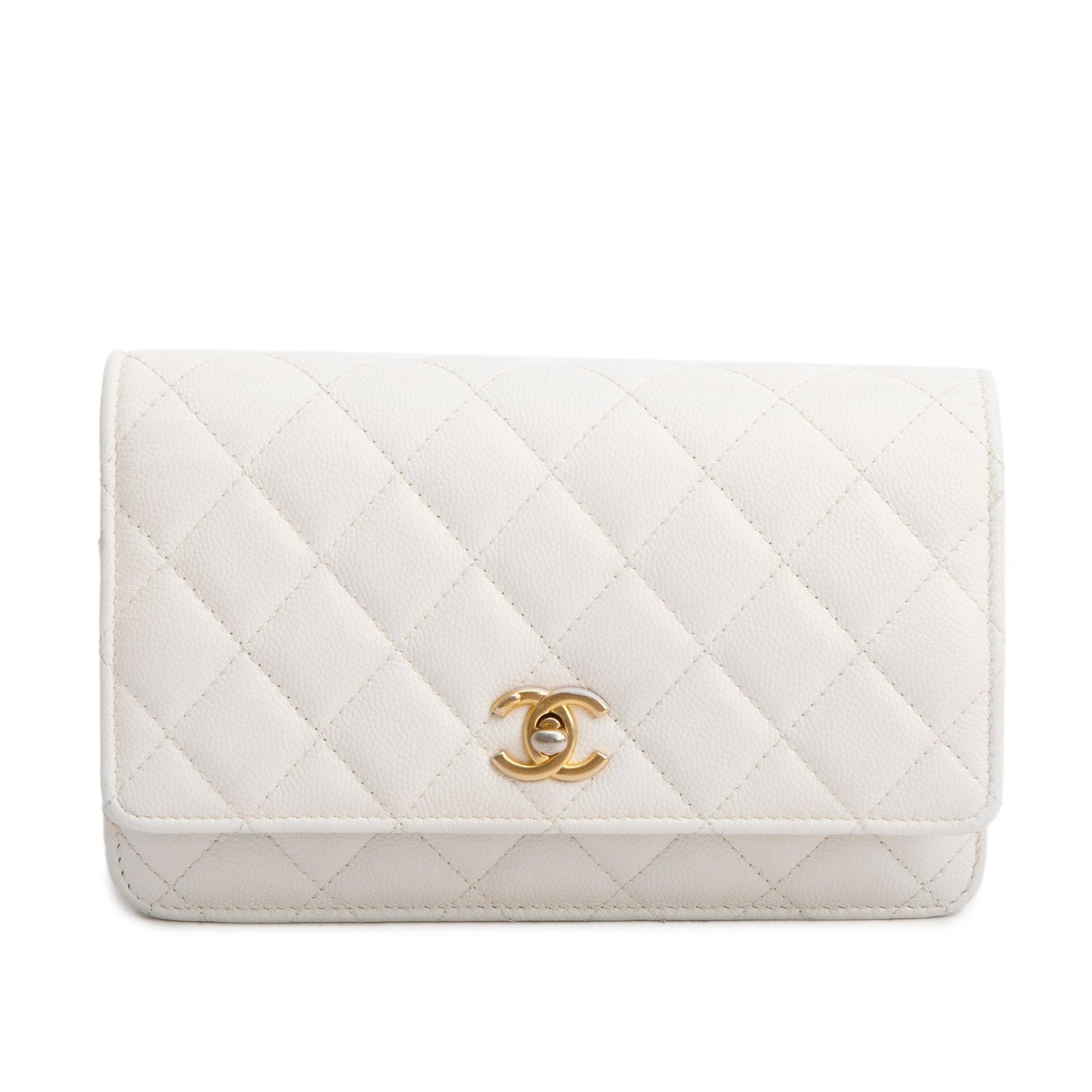 Chanel White Caviar Quilted Twist Your Buttons Wallet on Chain