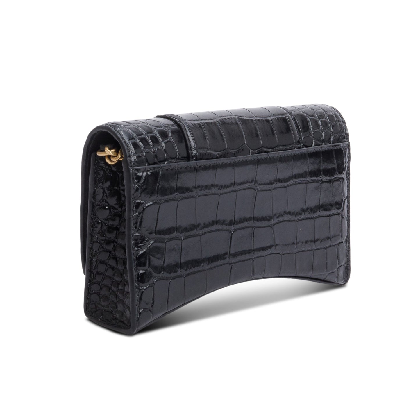 Balenciaga Black Shiny Calfskin Croc Embossed Hourglass Wallet on Chain