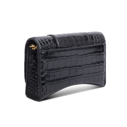 Balenciaga Black Shiny Calfskin Croc Embossed Hourglass Wallet on Chain