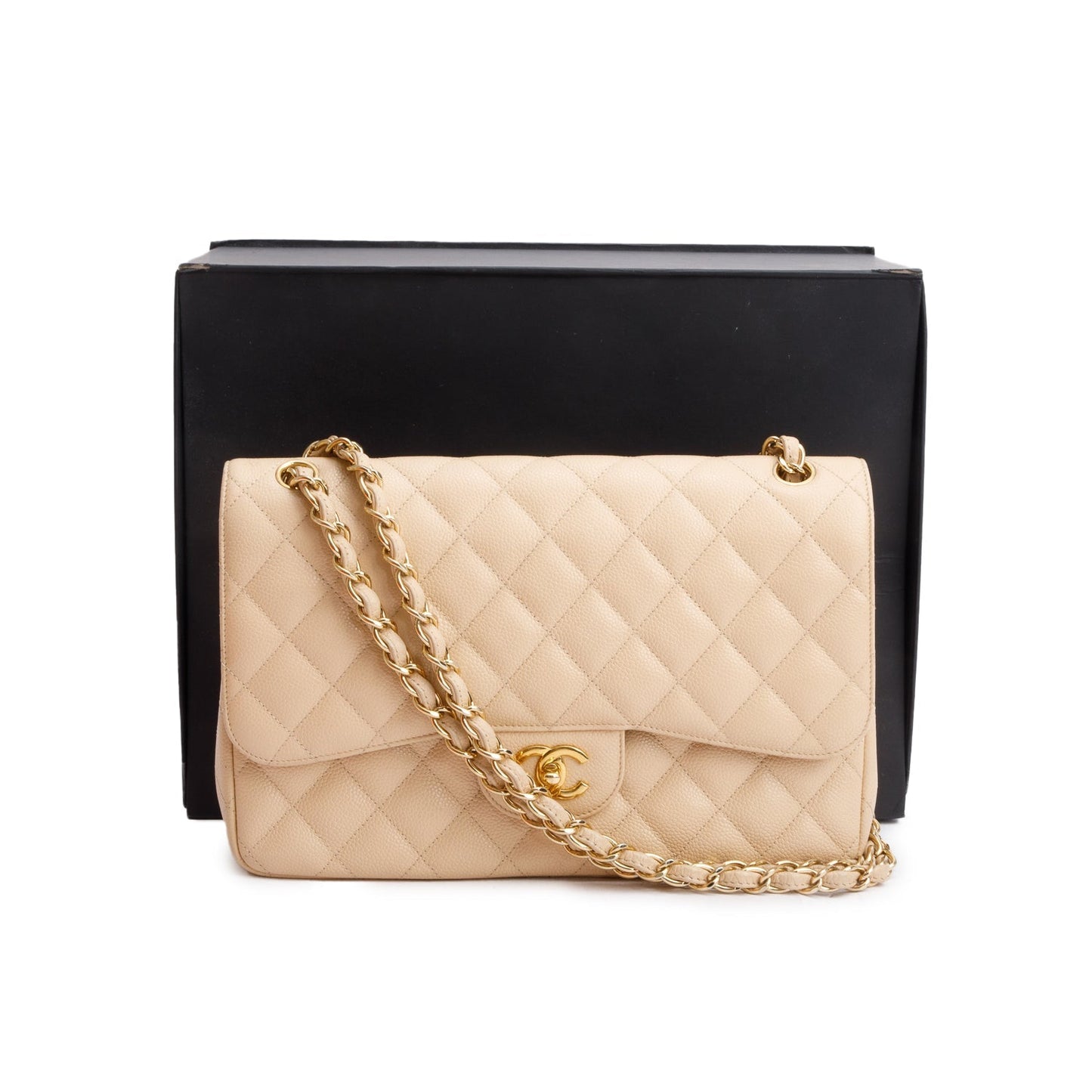 Chanel Beige Quilted Caviar Leather Classic Jumbo Double Flap Bag