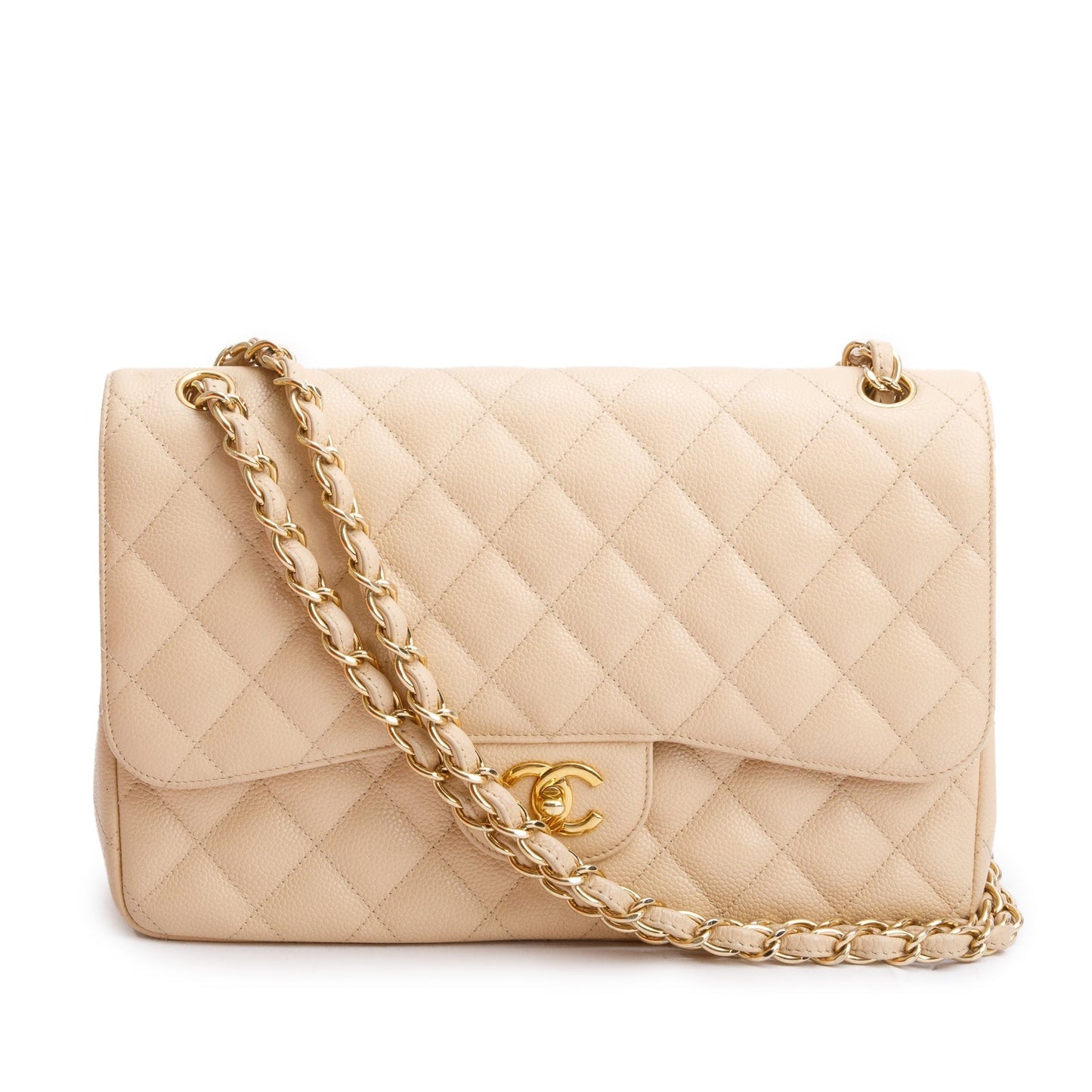 Chanel Beige Quilted Caviar Leather Classic Jumbo Double Flap Bag