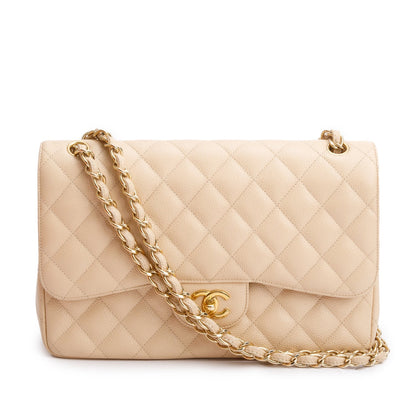 Chanel Beige Quilted Caviar Leather Classic Jumbo Double Flap Bag