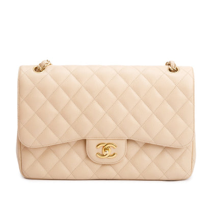 Chanel Beige Quilted Caviar Leather Classic Jumbo Double Flap Bag