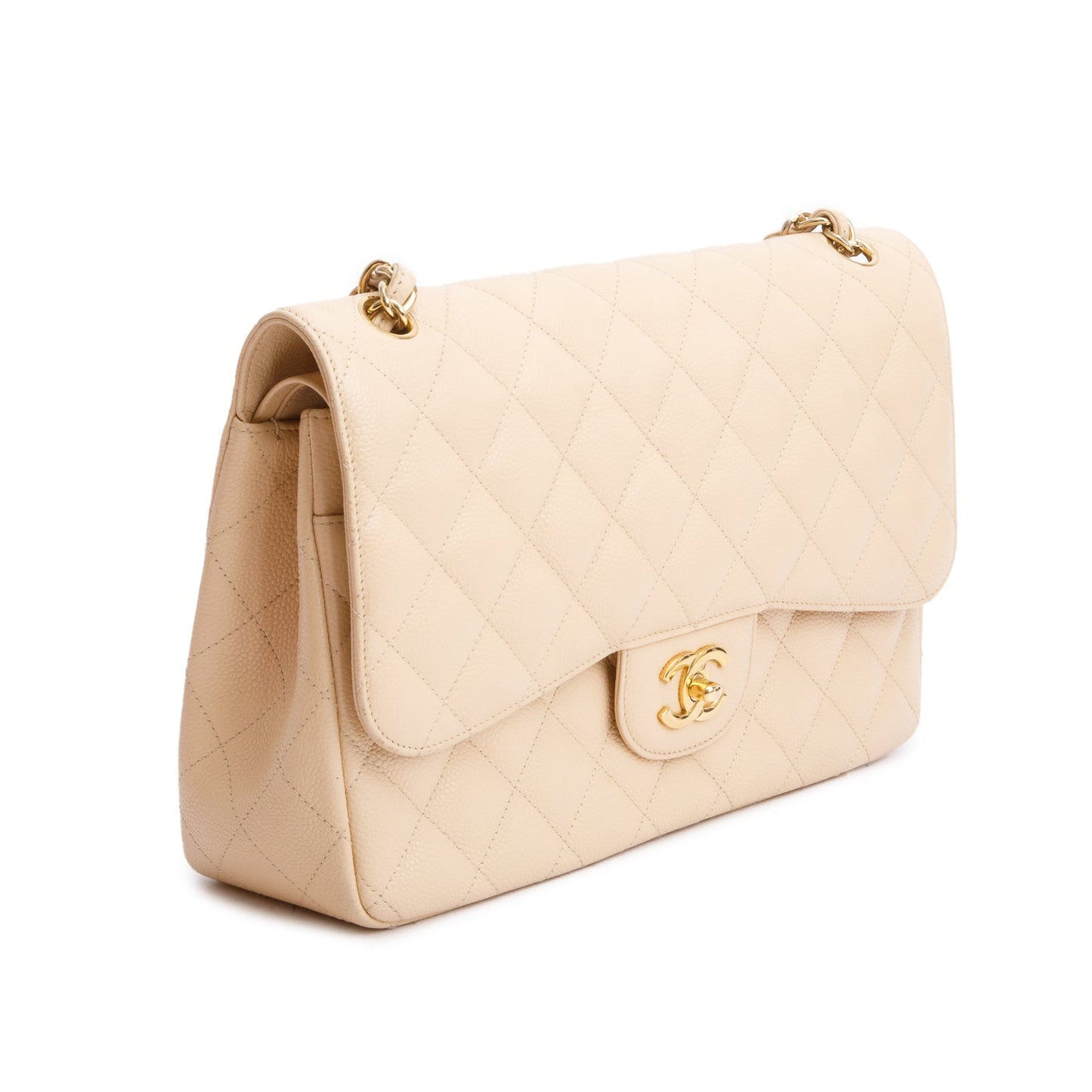 Chanel Beige Quilted Caviar Leather Classic Jumbo Double Flap Bag