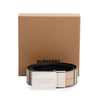 Burberry Biege Check Canvas Black Reversible B Cut Buckle Belt 95 38
