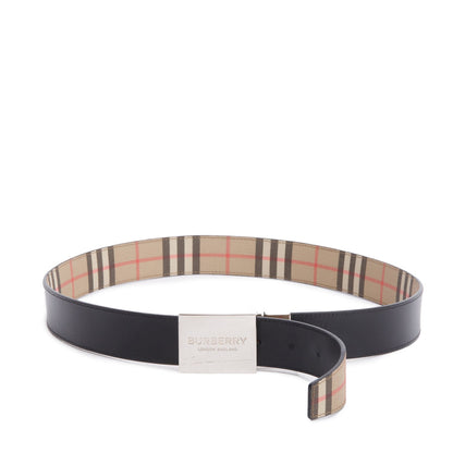 Burberry Biege Check Canvas Black Reversible B Cut Buckle Belt 95 38