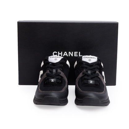 Chanel Black Calfskin Mesh Suede CC Logo Sneakers, Size 38.5