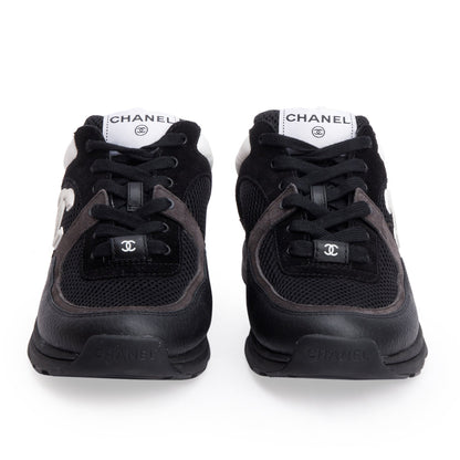 Chanel Black Calfskin Mesh Suede CC Logo Sneakers, Size 38.5