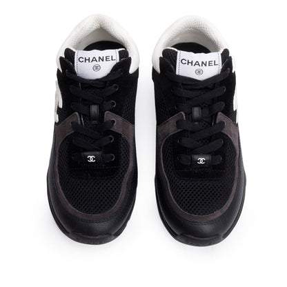 Chanel Black Calfskin Mesh Suede CC Logo Sneakers, Size 38.5