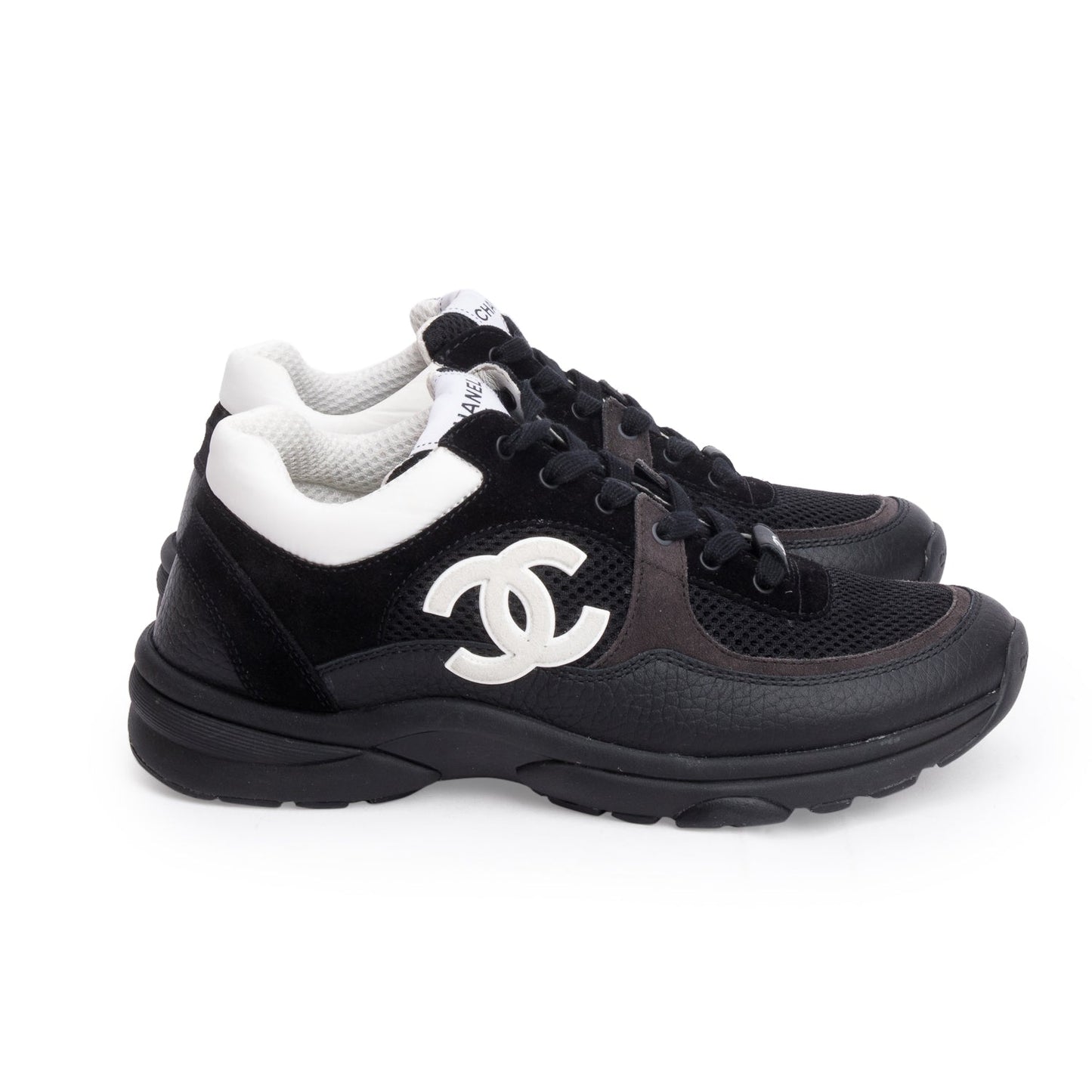 Chanel Black Calfskin Mesh Suede CC Logo Sneakers, Size 38.5