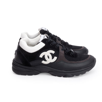 Chanel Black Calfskin Mesh Suede CC Logo Sneakers, Size 38.5