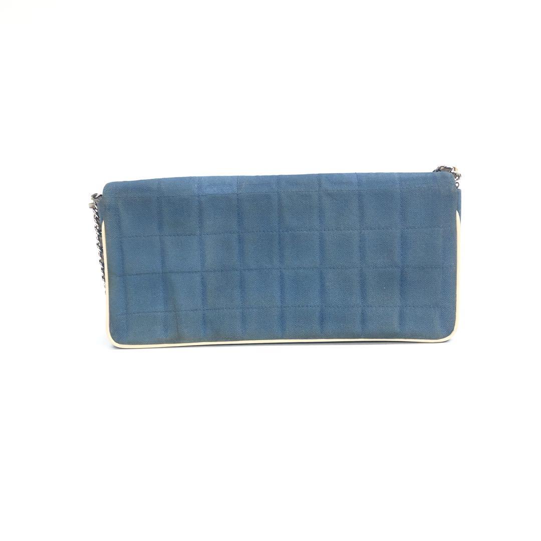 Chanel East West Chocolate Bar Blue Denim Beige Leather Piping Silver Hardware