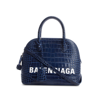 Balenciaga Navy Shiny Calfskin Logo Croc Embossed S Ville Top Handle Bag