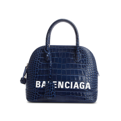 Balenciaga Navy Shiny Calfskin Logo Croc Embossed S Ville Top Handle Bag