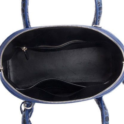 Balenciaga Navy Shiny Calfskin Logo Croc Embossed S Ville Top Handle Bag