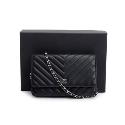 Chanel 2022 Black Chevron Lambskin Wallet on Chain