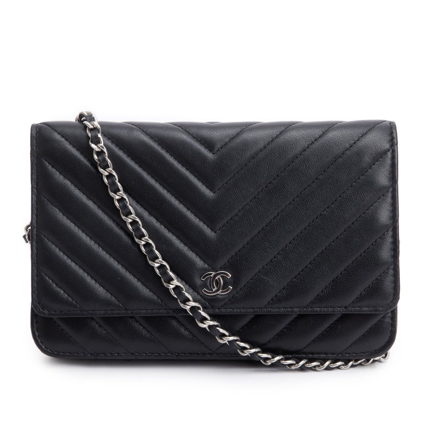 Chanel 2022 Black Chevron Lambskin Wallet on Chain