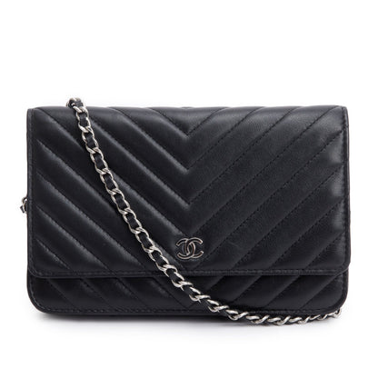 Chanel 2022 Black Chevron Lambskin Wallet on Chain