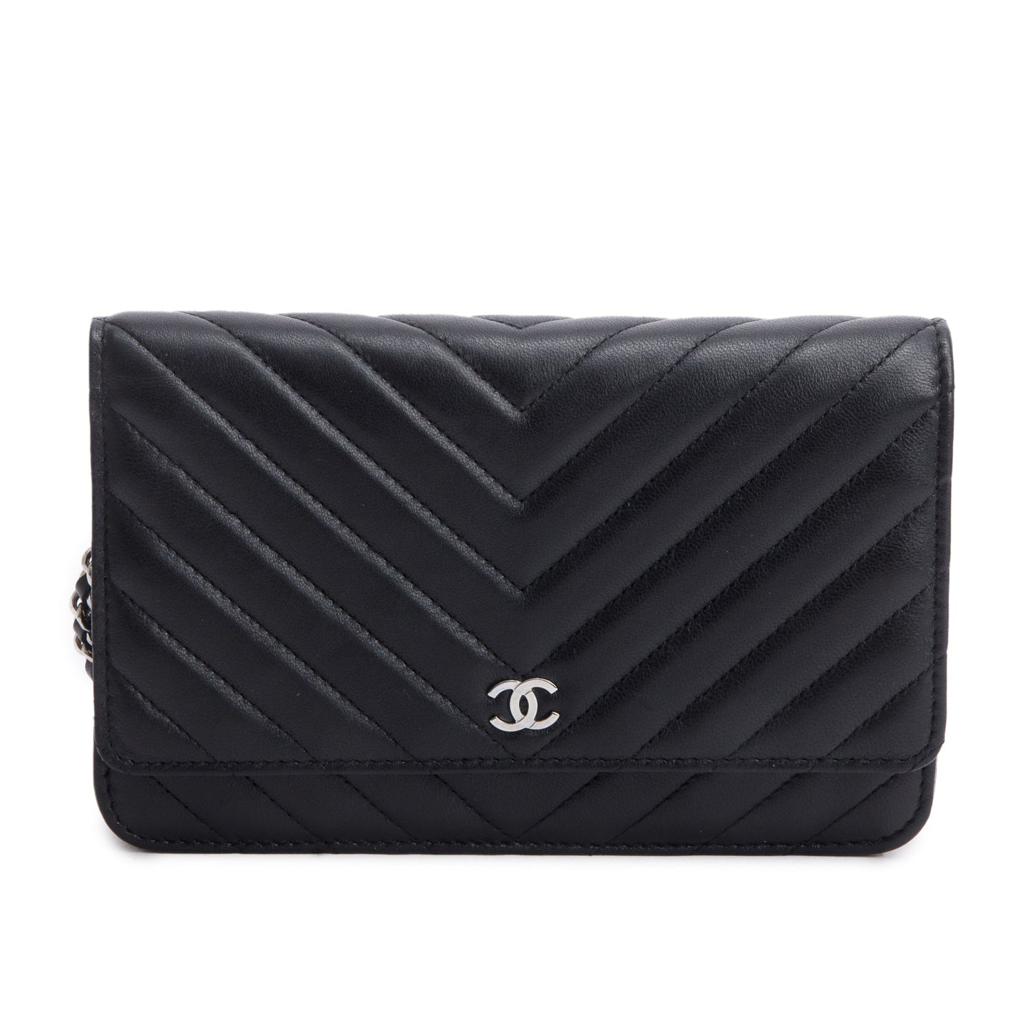 Chanel 2022 Black Chevron Lambskin Wallet on Chain