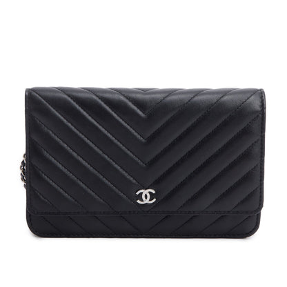 Chanel 2022 Black Chevron Lambskin Wallet on Chain