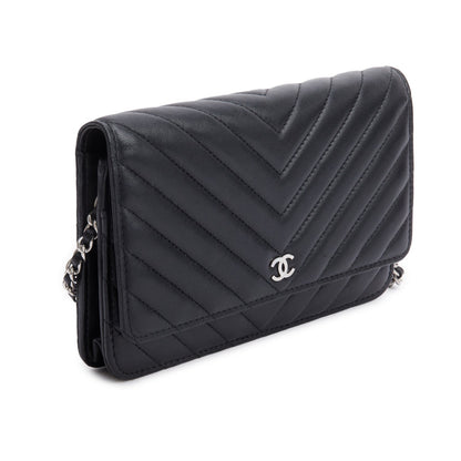 Chanel 2022 Black Chevron Lambskin Wallet on Chain