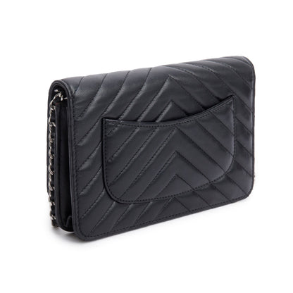 Chanel 2022 Black Chevron Lambskin Wallet on Chain