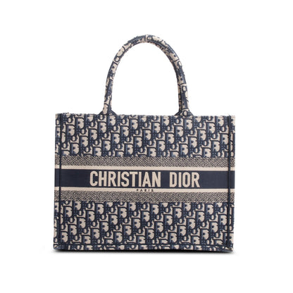 Christian Dior 2023 Ecru and Blue Oblique Embroidery Medium Book Tote