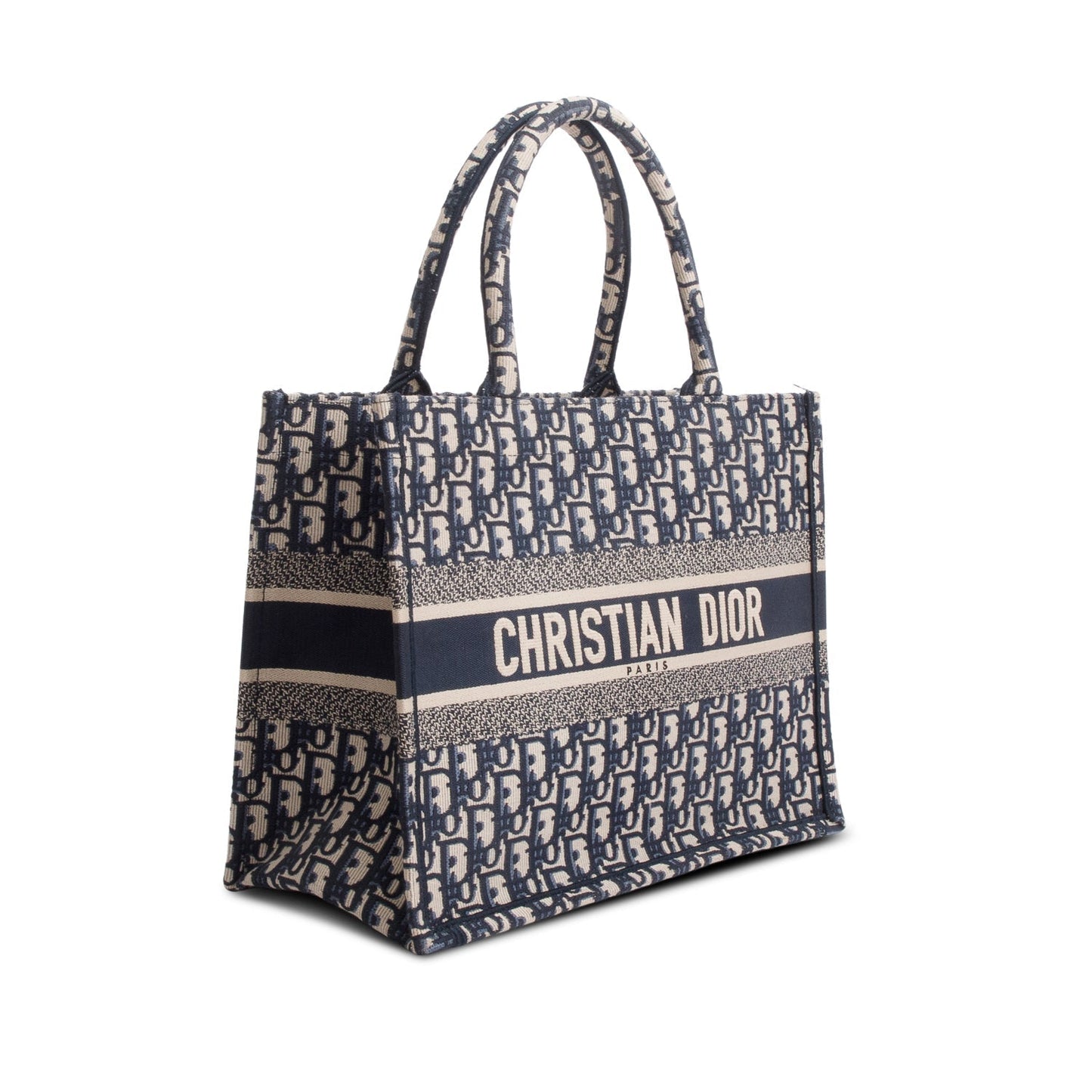 Christian Dior 2023 Ecru and Blue Oblique Embroidery Medium Book Tote