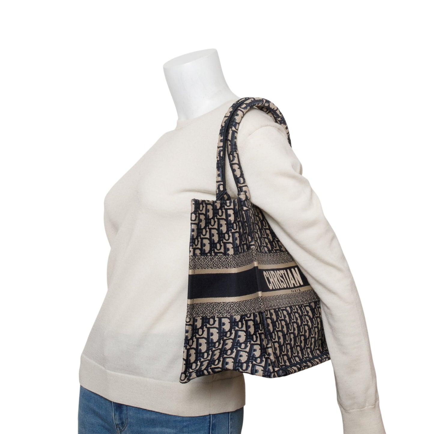 Christian Dior 2023 Ecru and Blue Oblique Embroidery Medium Book Tote
