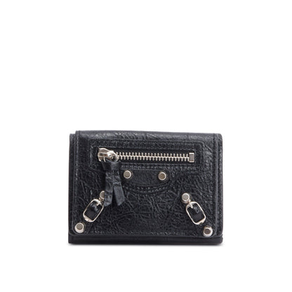 Balenciaga Black Crinkled Calfskin Leather City Mini Trifold Compact Wallet