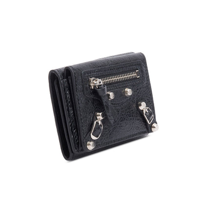 Balenciaga Black Crinkled Calfskin Leather City Mini Trifold Compact Wallet