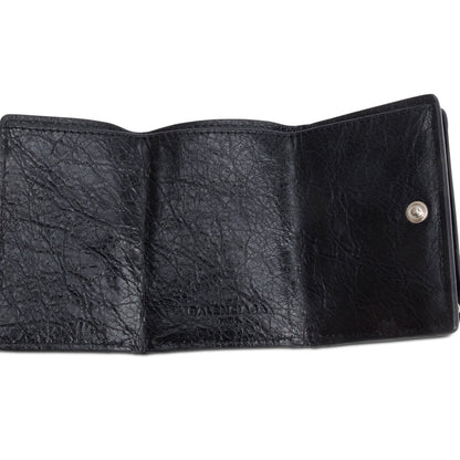 Balenciaga Black Crinkled Calfskin Leather City Mini Trifold Compact Wallet