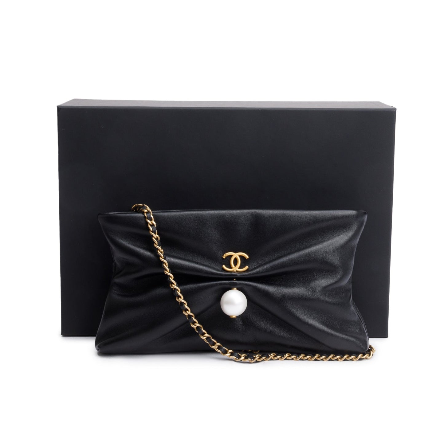 Chanel 2025 Black Shiny Lambskin Pearl Clutch
