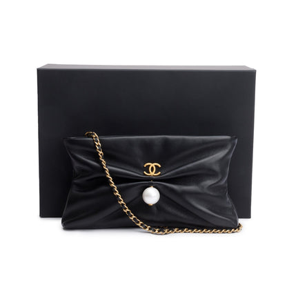 Chanel 2025 Black Shiny Lambskin Pearl Clutch