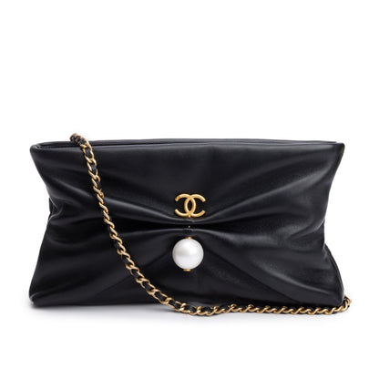 Chanel 2025 Black Shiny Lambskin Pearl Clutch