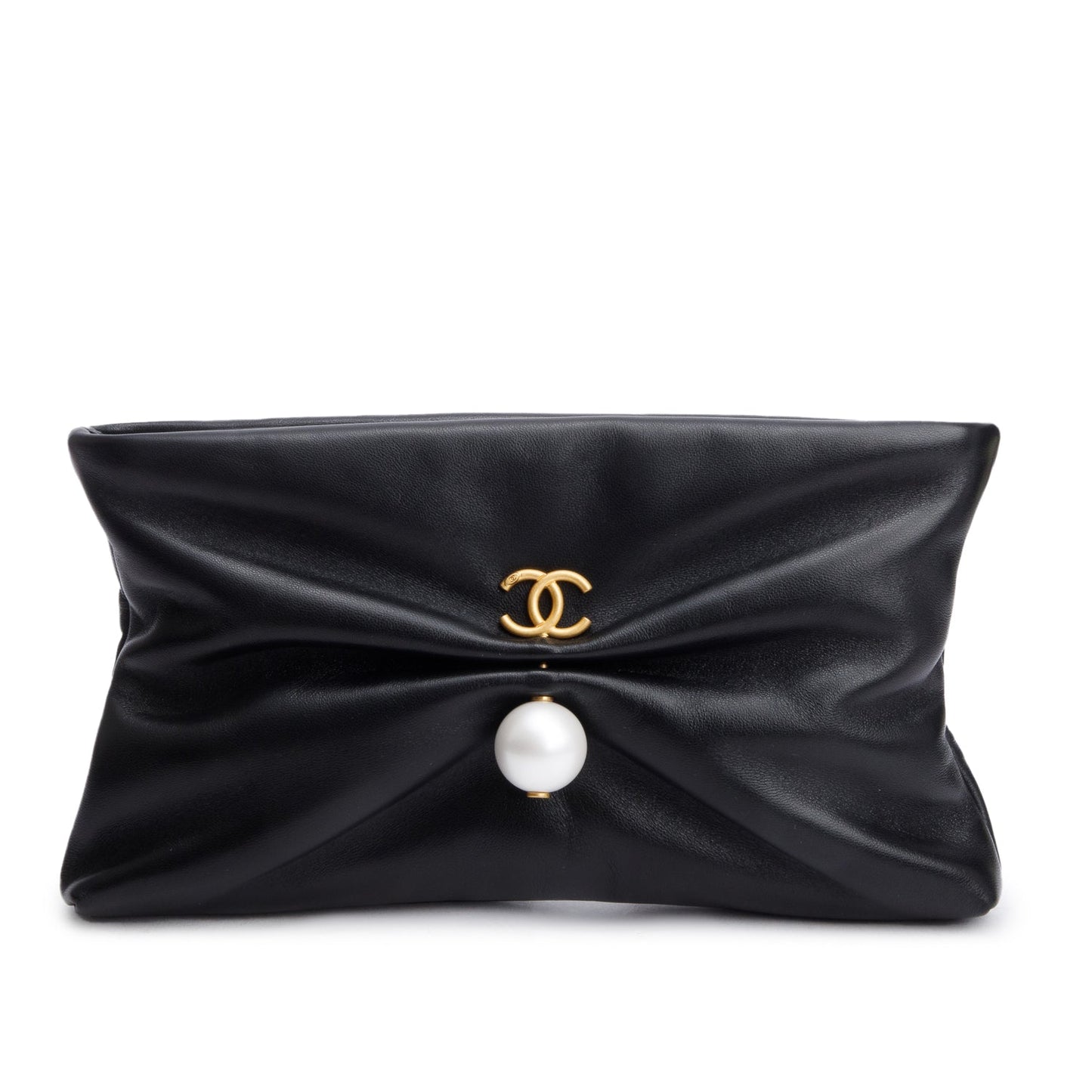 Chanel 2025 Black Shiny Lambskin Pearl Clutch