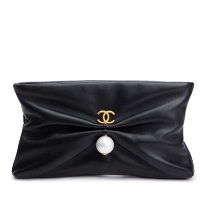 Chanel 2025 Black Shiny Lambskin Pearl Clutch