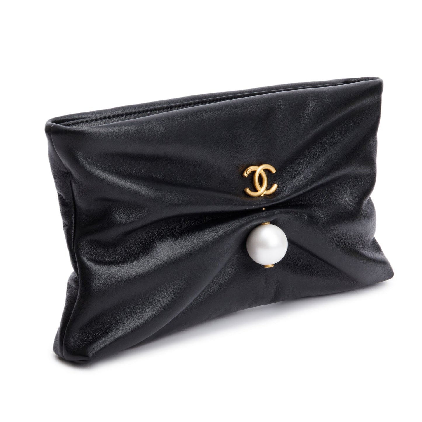 Chanel 2025 Black Shiny Lambskin Pearl Clutch