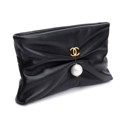 Chanel 2025 Black Shiny Lambskin Pearl Clutch