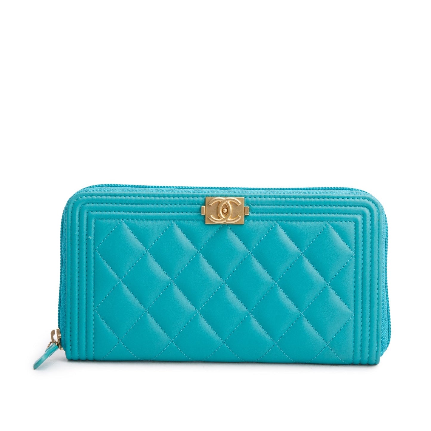 Chanel Teal Lambskin Quilted Boy Zip Around Wallet