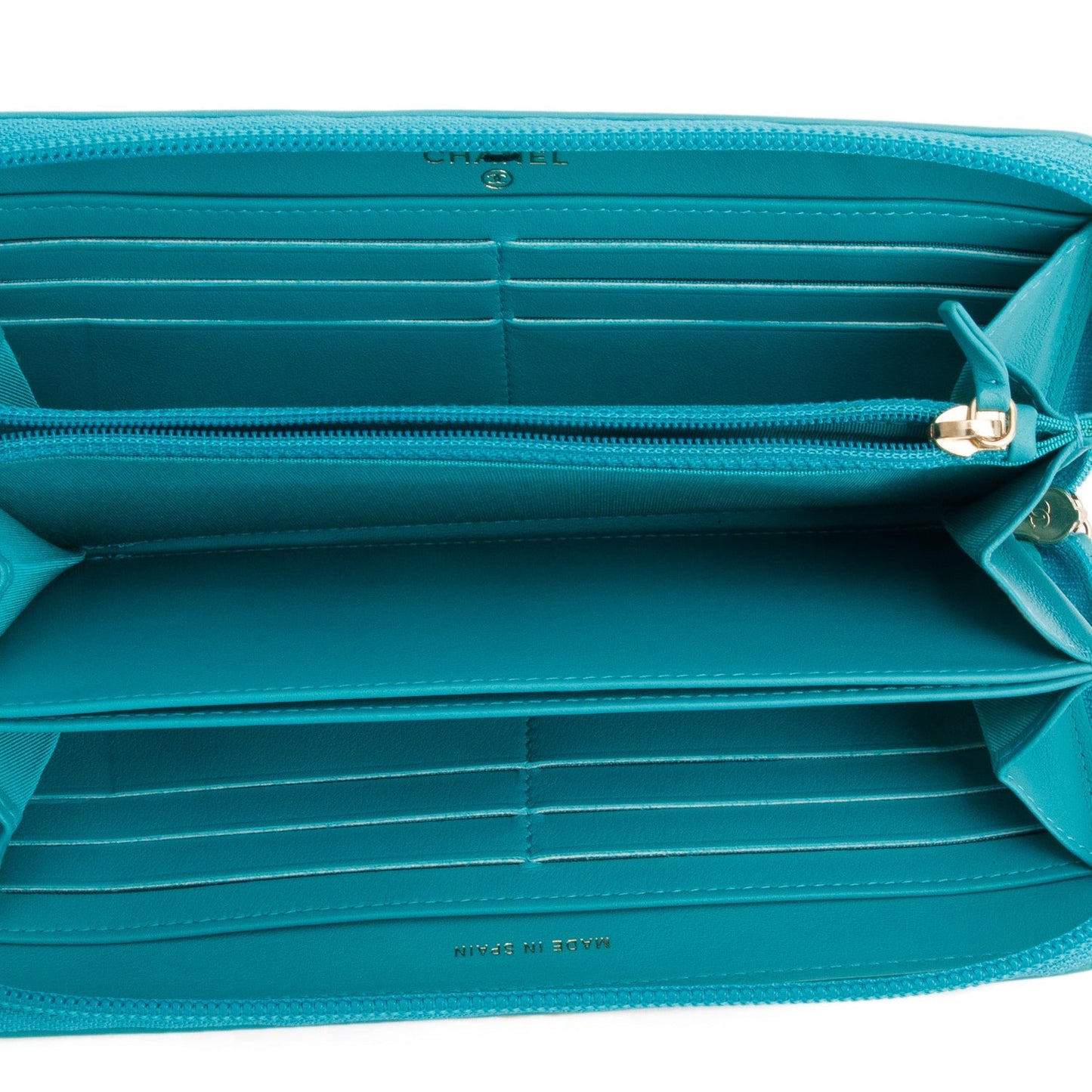 Chanel Teal Lambskin Quilted Boy Zip Around Wallet