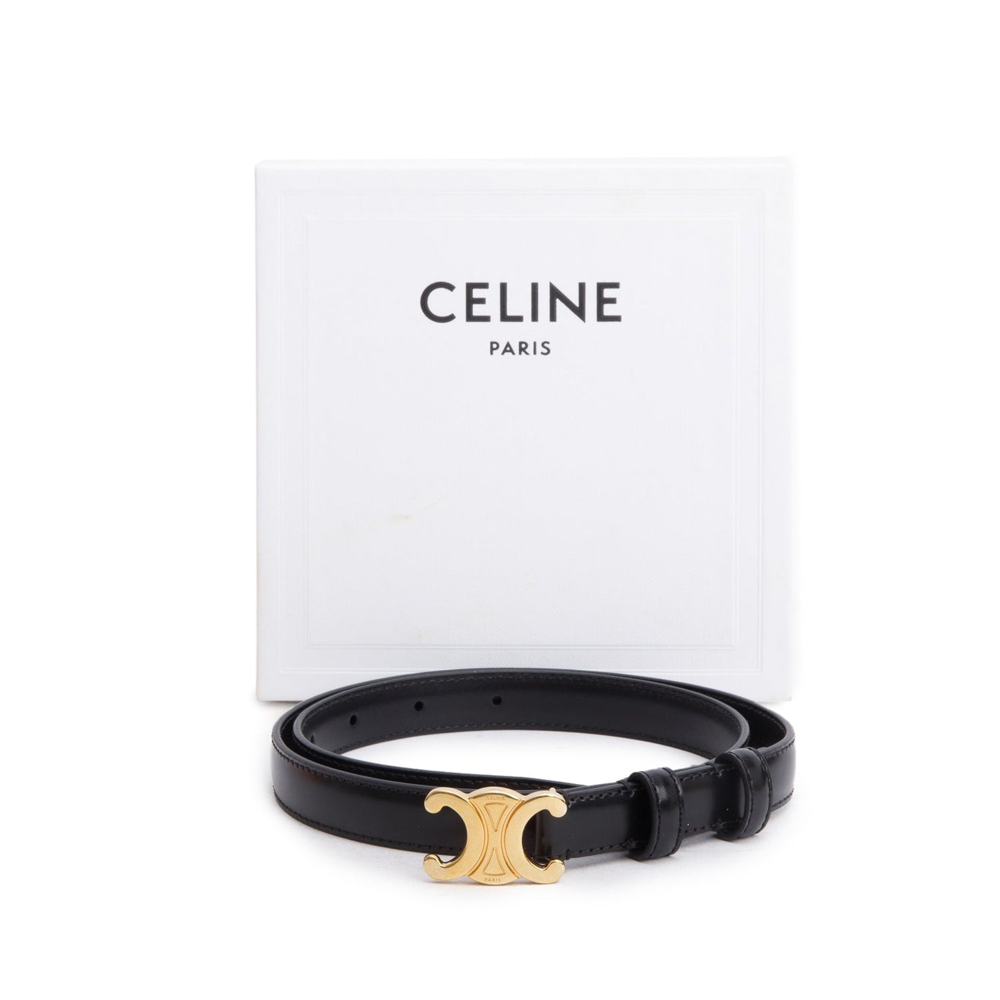 Celine 2023 Black Taurillon Leather Small Triomphe 18 MM Belt, Size 70