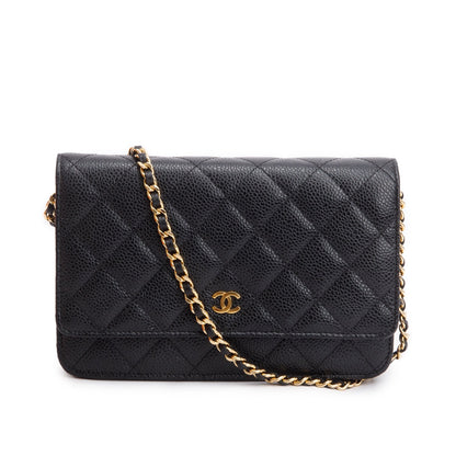 Chanel Black Quilted Caviar Leather Classic Wallet on Chain