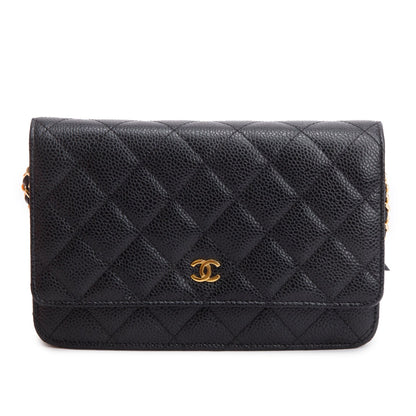 Chanel Black Quilted Caviar Leather Classic Wallet on Chain